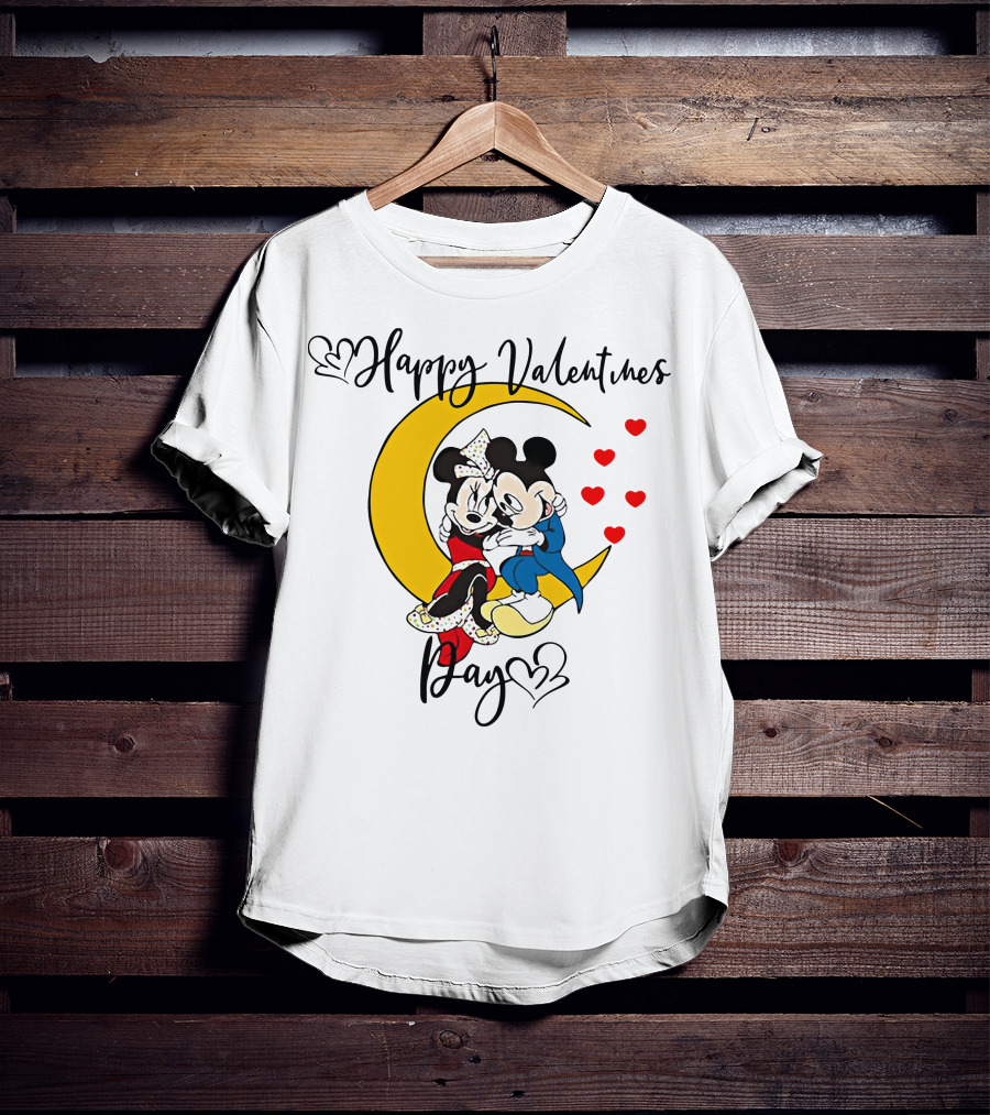Happy Valentines Day Mickey Mouse And Minnie Mouse Cuddling On Crescent Moon With Hearts T-Shirt