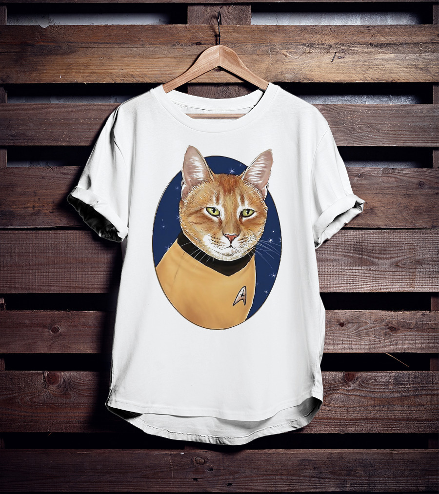 Star Trek Cat In Captain Uniform With Emblem On Starry Background T-Shirt