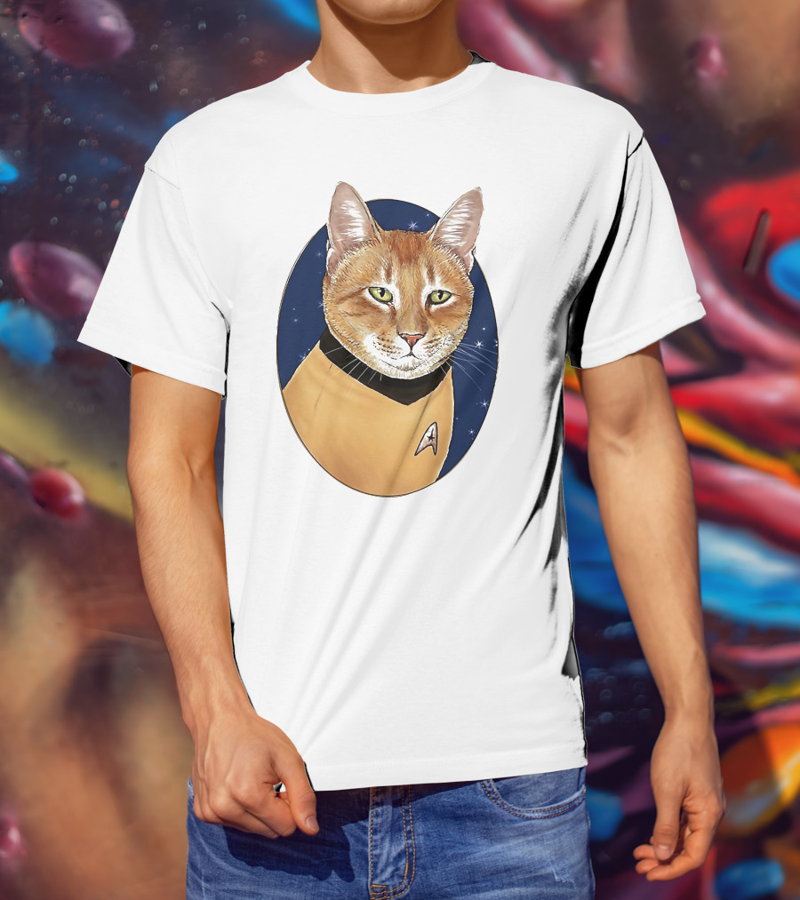 Star Trek Cat In Captain Uniform With Emblem On Starry Background T-Shirt