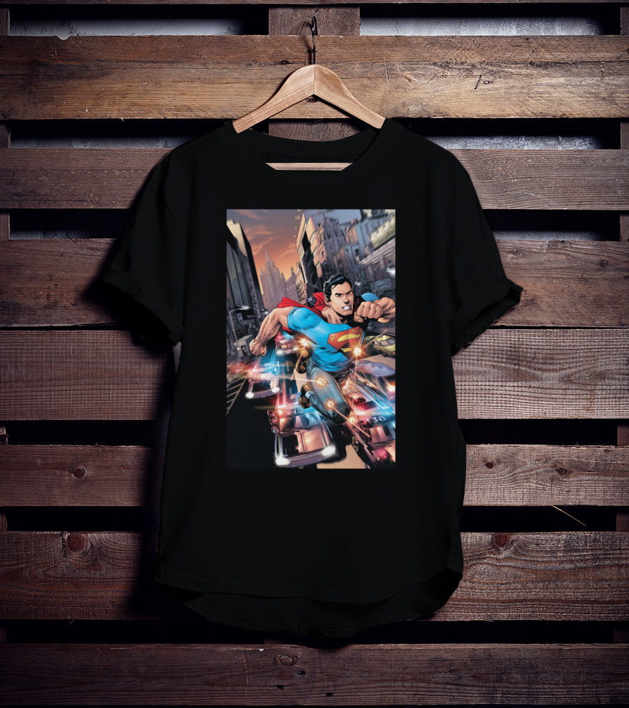 DC Comics Superman Flying Through Urban City With Police Cars T-Shirt