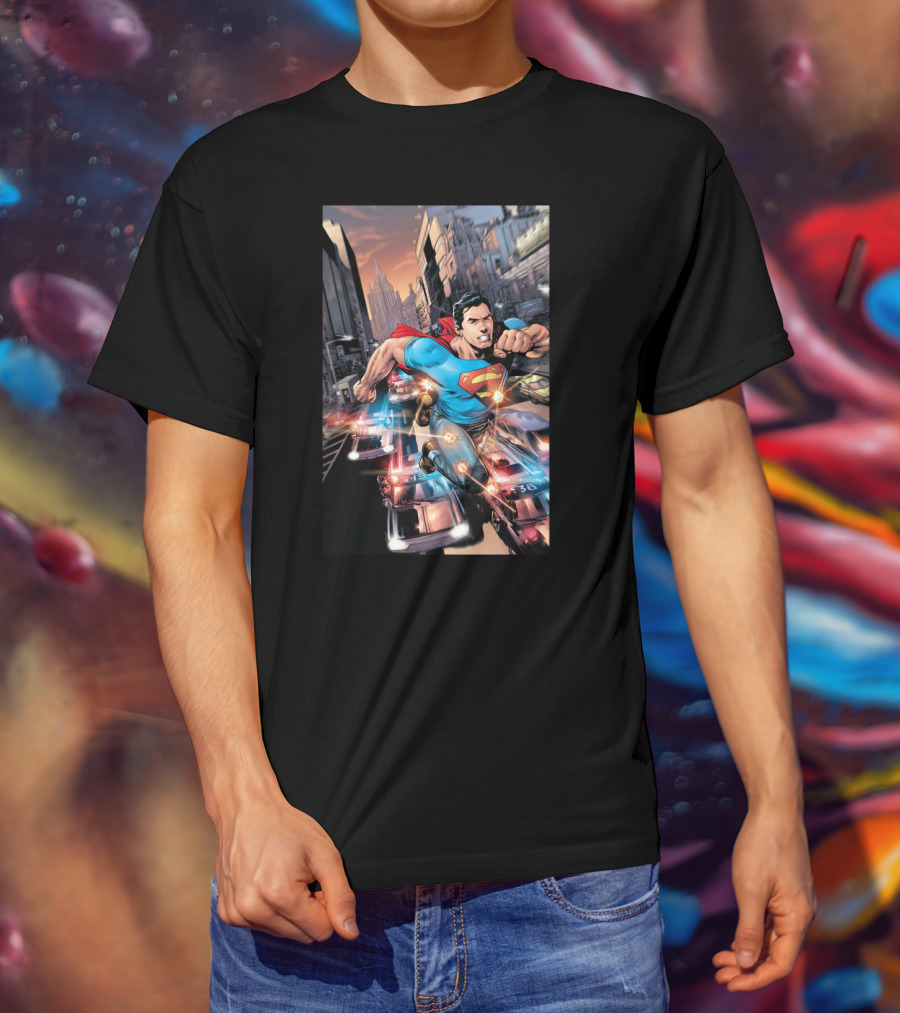 DC Comics Superman Flying Through Urban City With Police Cars T-Shirt