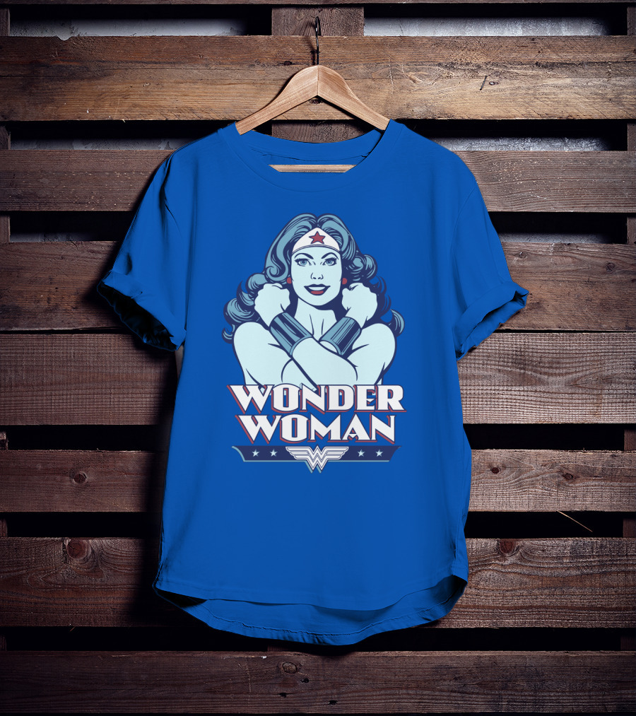 WONDER WOMAN Retro Blue Crossover Illustration With Star Headband And Arm Bracelets T-Shirt