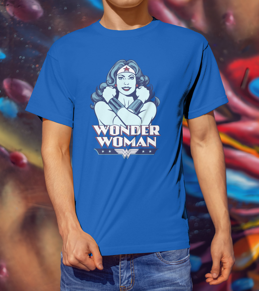 WONDER WOMAN Retro Blue Crossover Illustration With Star Headband And Arm Bracelets T-Shirt