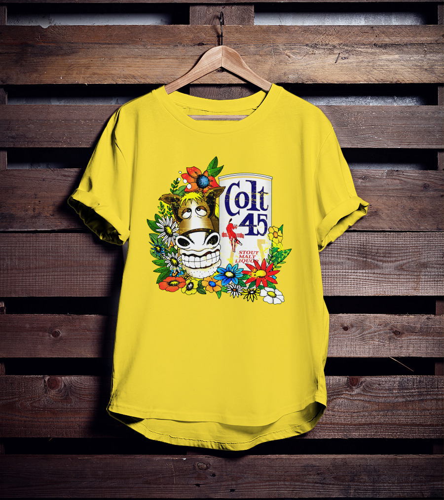 Colt 45 Malt Liquor With Cartoon Horse And Colorful Floral Background T-Shirt