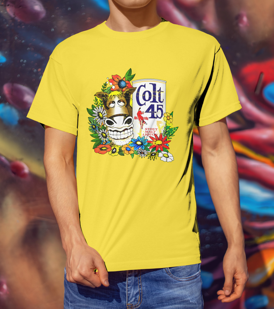 Colt 45 Malt Liquor With Cartoon Horse And Colorful Floral Background T-Shirt