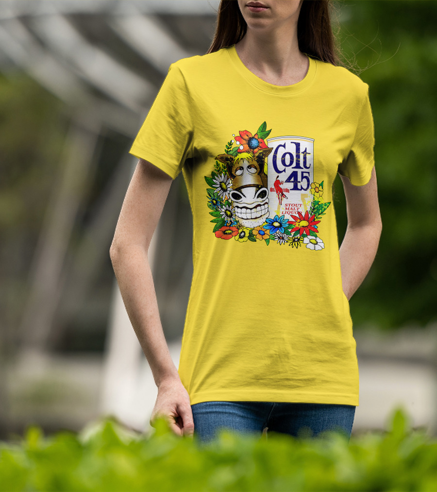 Colt 45 Malt Liquor With Cartoon Horse And Colorful Floral Background T-Shirt