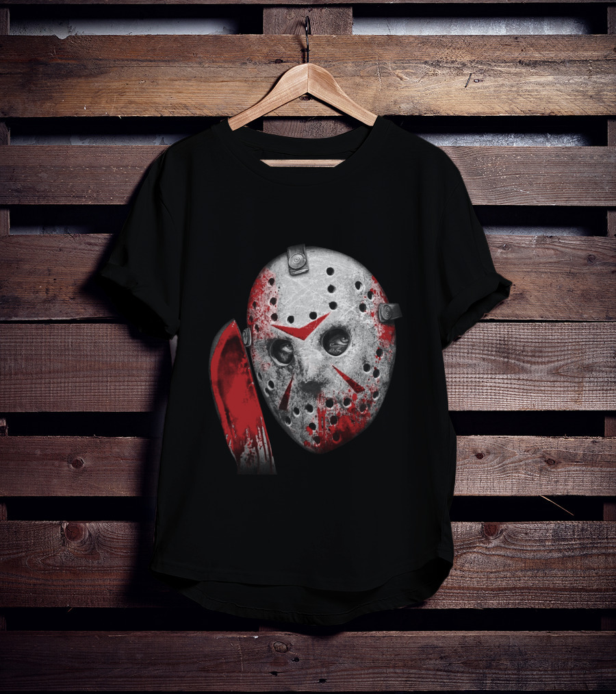Friday The 13th Movie Jason Voorhees Mask With Bloody Machete Face T-Shirt