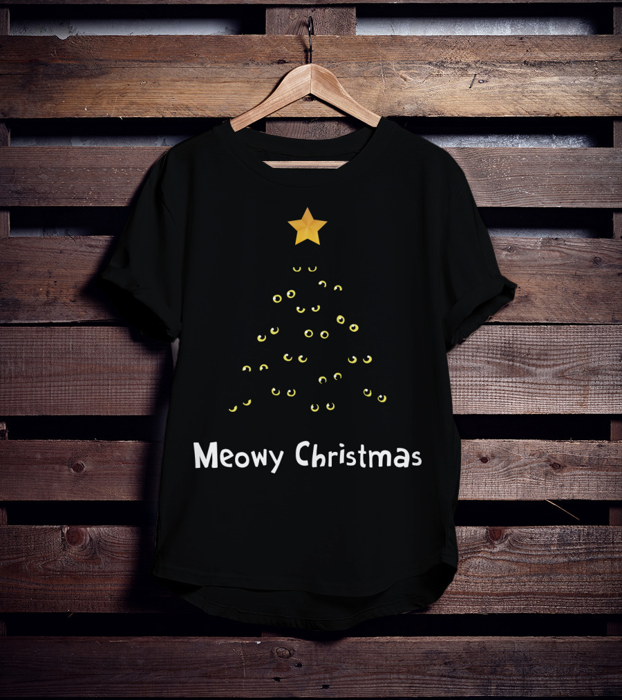 Meowy Christmas Cat Tree With Yellow Eyes And Star Topper T-Shirt