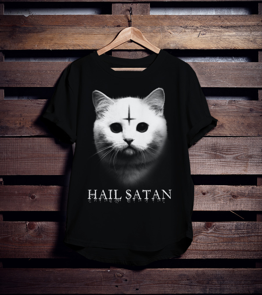 Hail Satan Cat With Inverted Cross T-Shirt