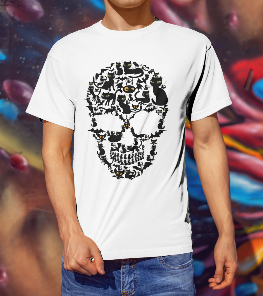 Cat Skull Halloween Black Cats And Bats T-Shirt