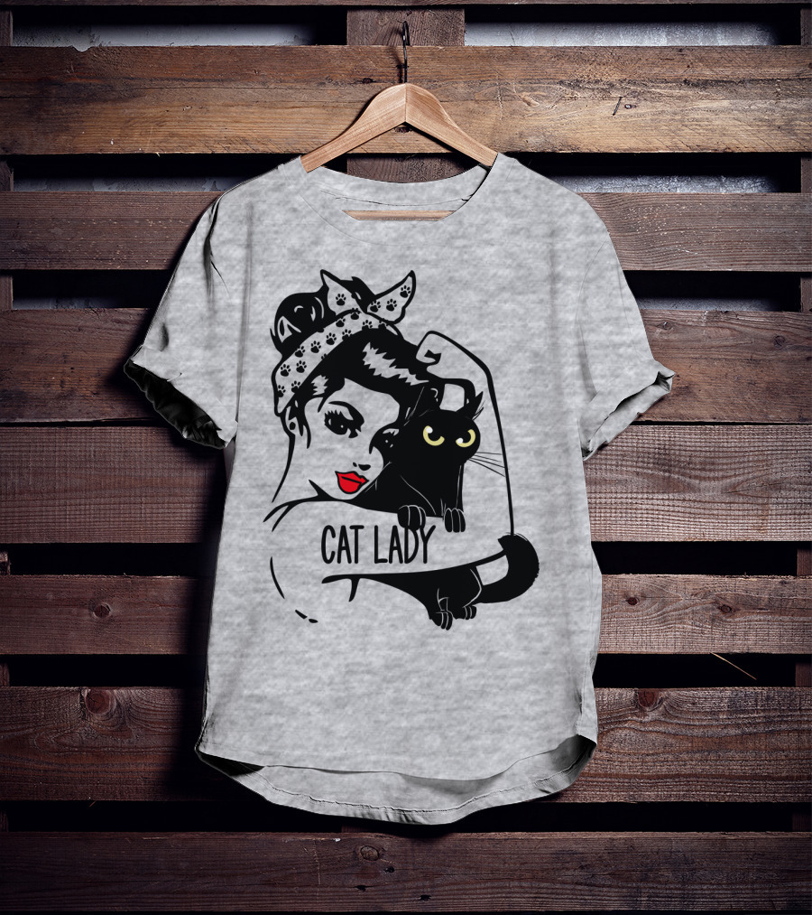 Cat Lady Retro Style With Black Cat And Polka Dot Bandana T-Shirt
