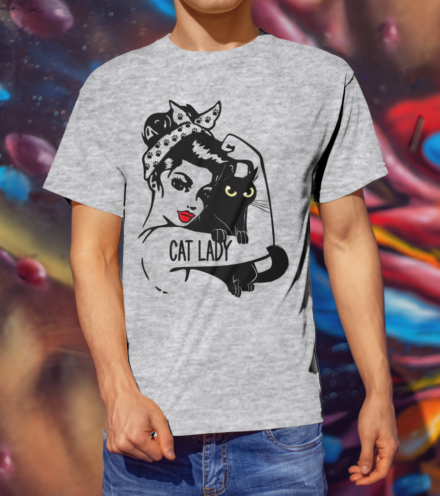 Cat Lady Retro Style With Black Cat And Polka Dot Bandana T-Shirt
