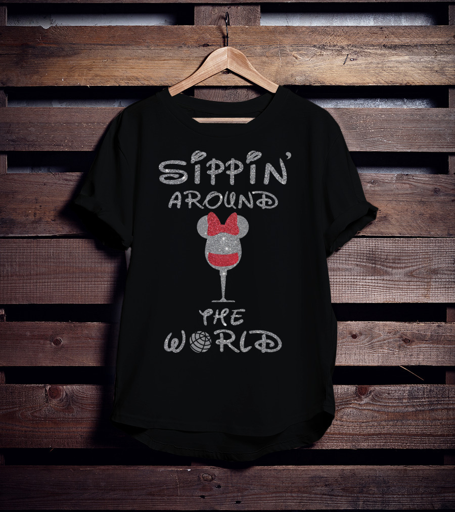 Sippin' Around The World Minnie Wine Glass Disney Epcot Bow T-Shirt