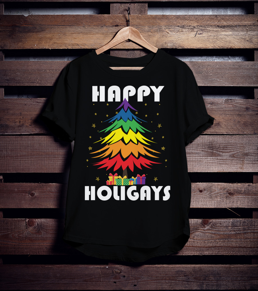 Happy Holigays Rainbow Christmas Tree And Presents T-Shirt