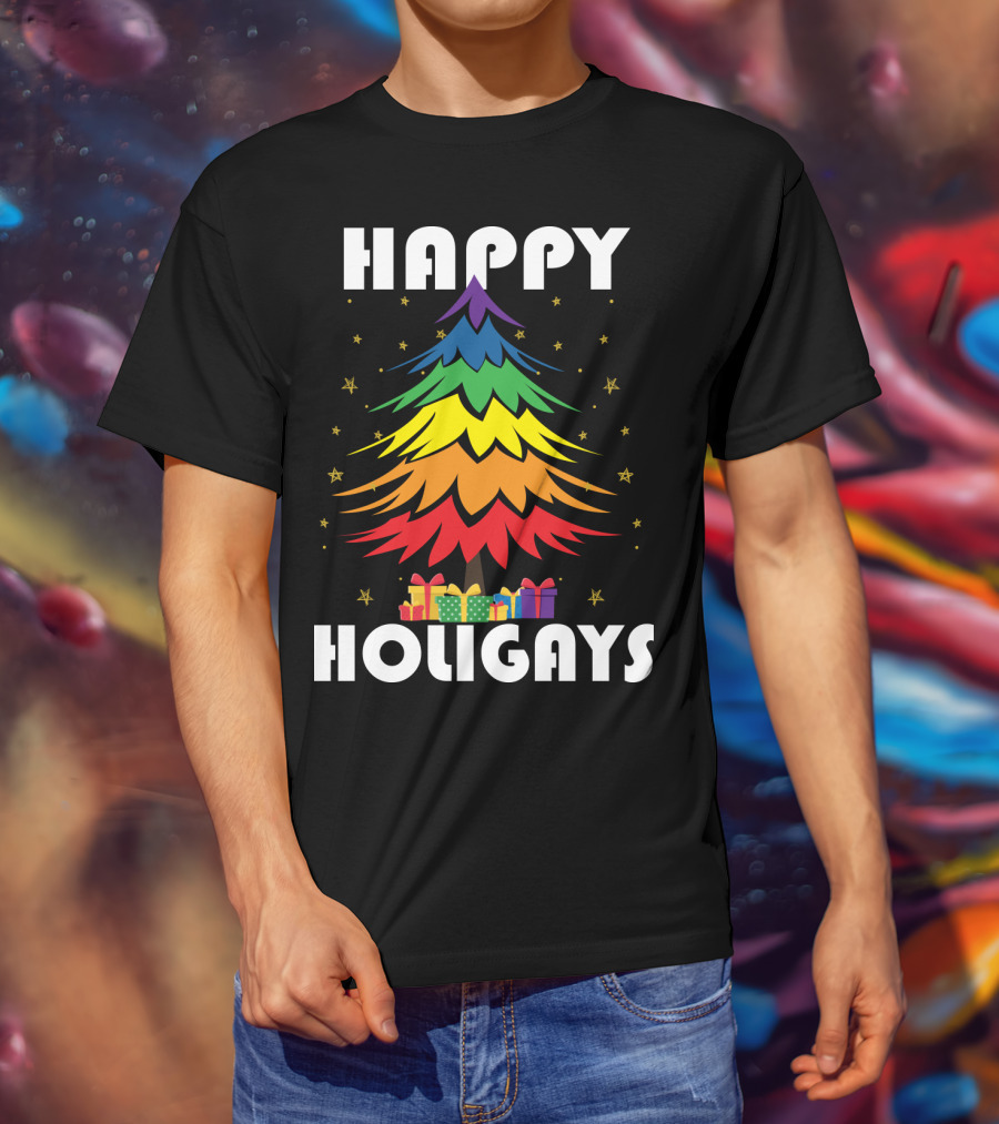 Happy Holigays Rainbow Christmas Tree And Presents T-Shirt