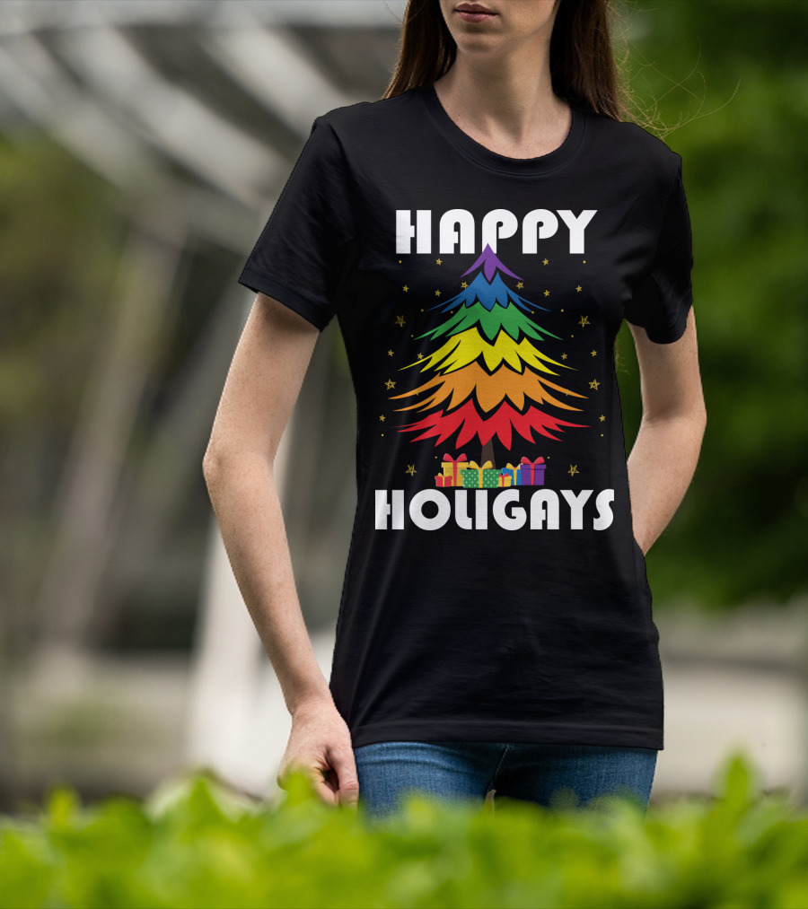 Happy Holigays Rainbow Christmas Tree And Presents T-Shirt