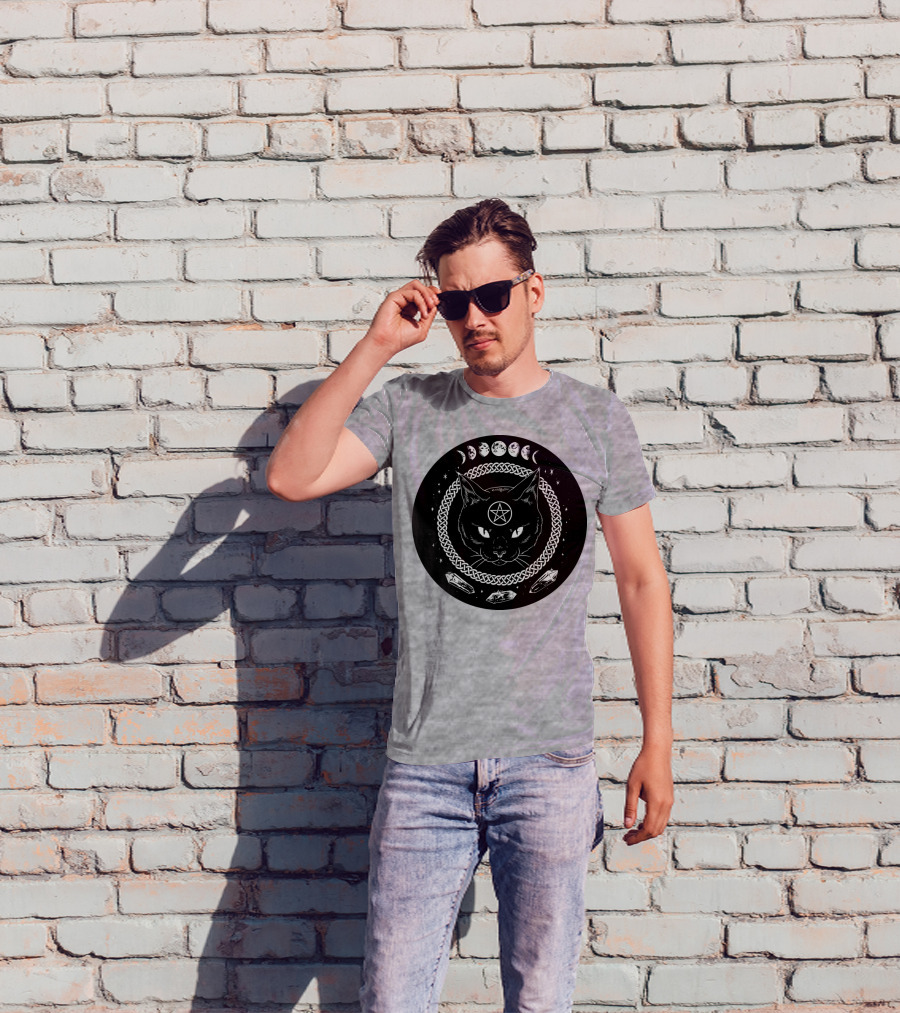 Cat Moon Magic Pentacle Phases Crystals Lunar Cycle T-Shirt