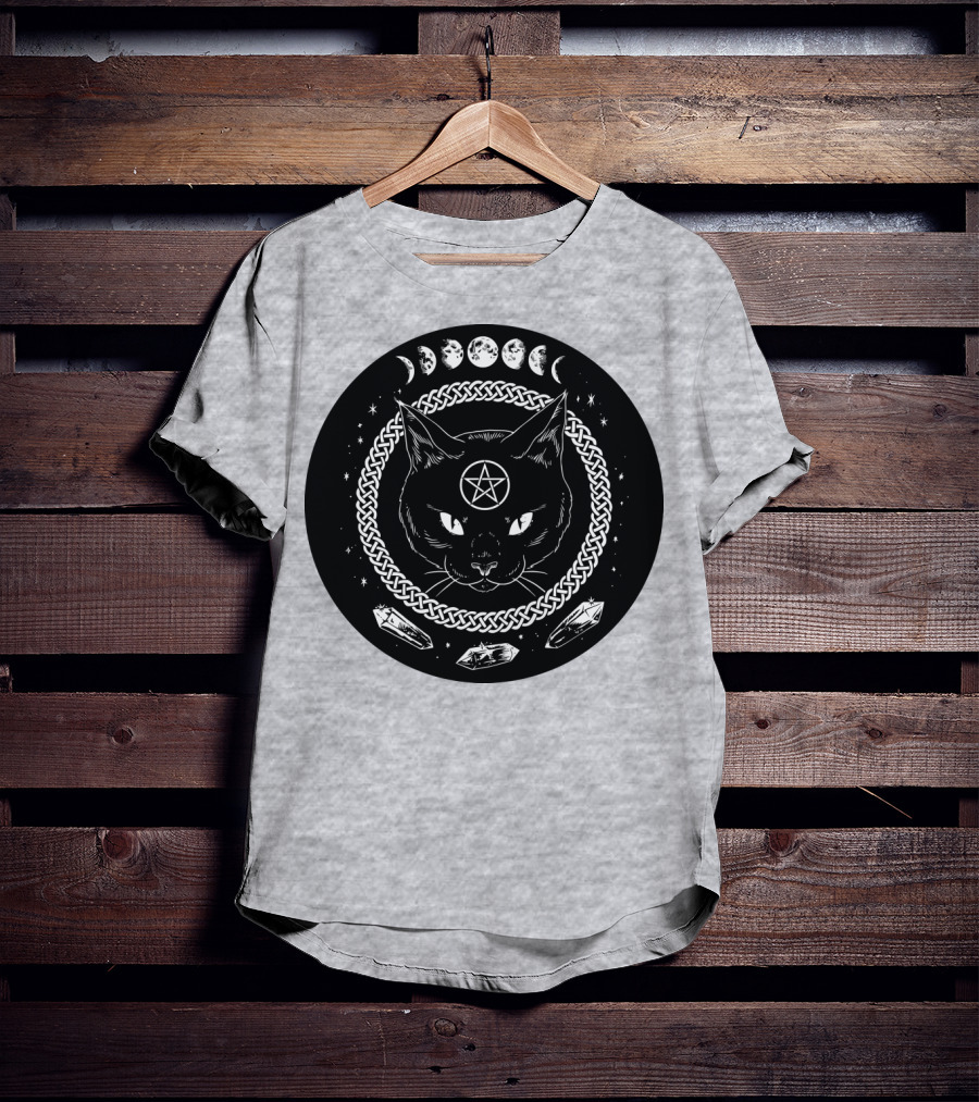 Cat Moon Magic Pentacle Phases Crystals Lunar Cycle T-Shirt