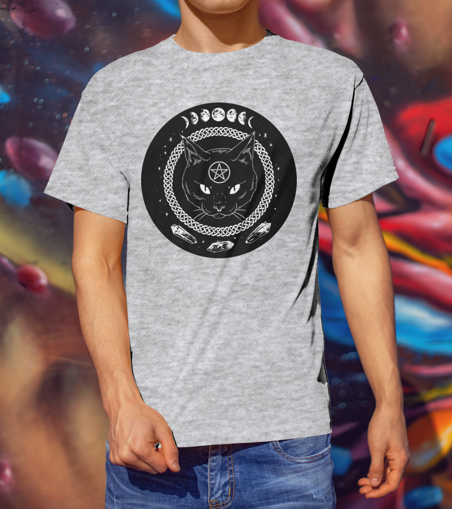 Cat Moon Magic Pentacle Phases Crystals Lunar Cycle T-Shirt