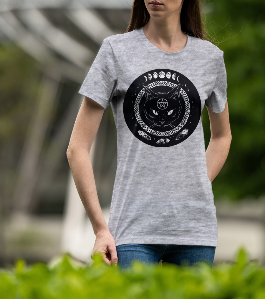 Cat Moon Magic Pentacle Phases Crystals Lunar Cycle T-Shirt