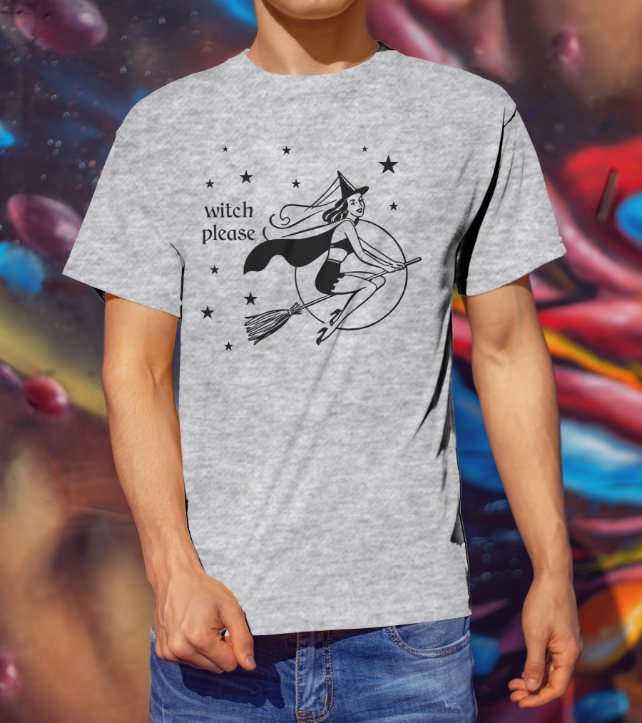 Witch Please Vintage Flying Witch Broomstick Moon Stars T-Shirt