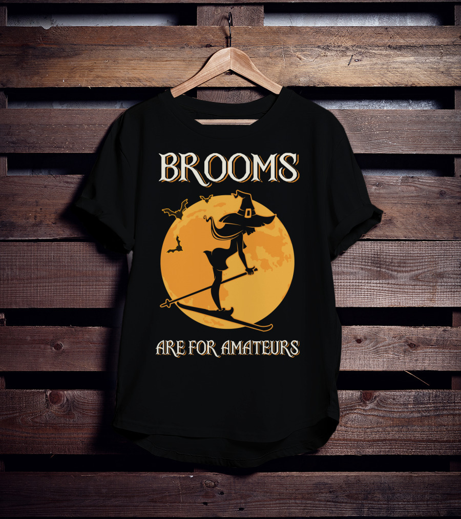 Brooms Are For Amateurs Witch Skiing Silhouette Halloween Moon T-Shirt