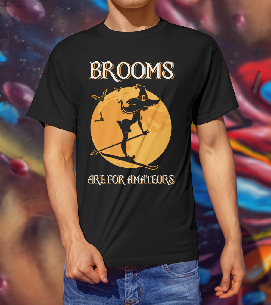 Brooms Are For Amateurs Witch Skiing Silhouette Halloween Moon T-Shirt