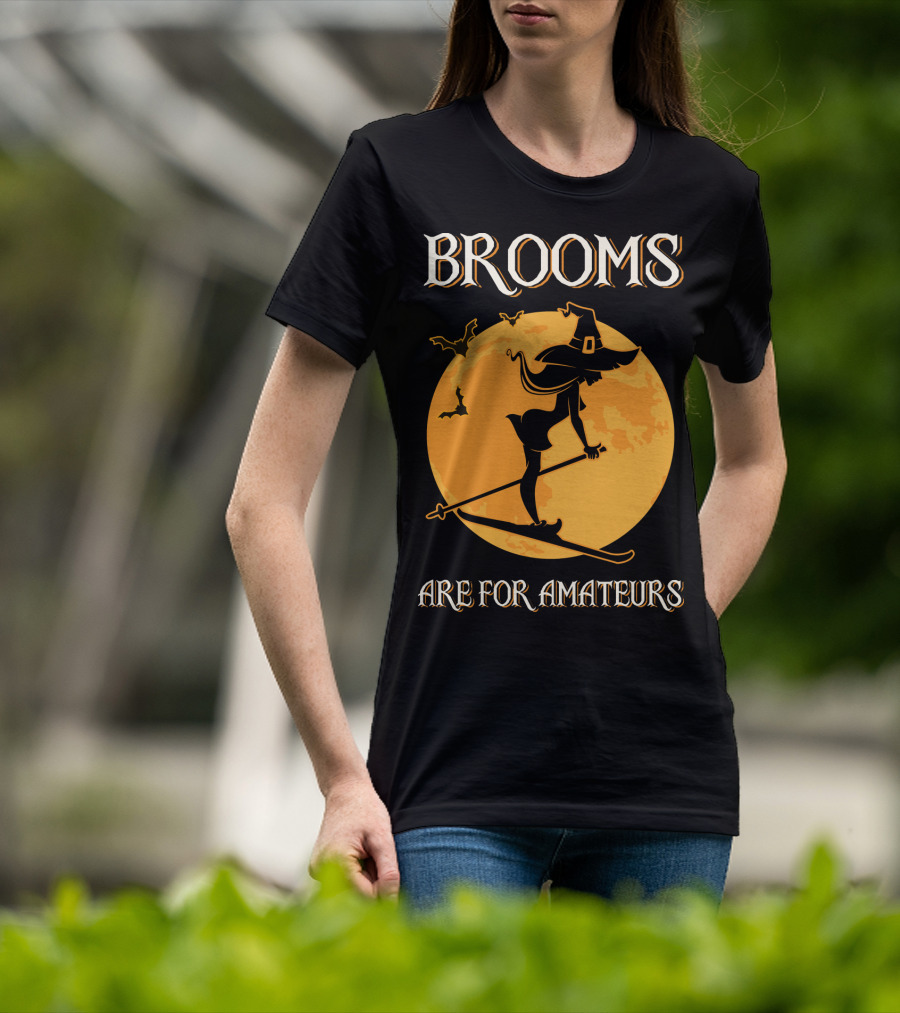 Brooms Are For Amateurs Witch Skiing Silhouette Halloween Moon T-Shirt