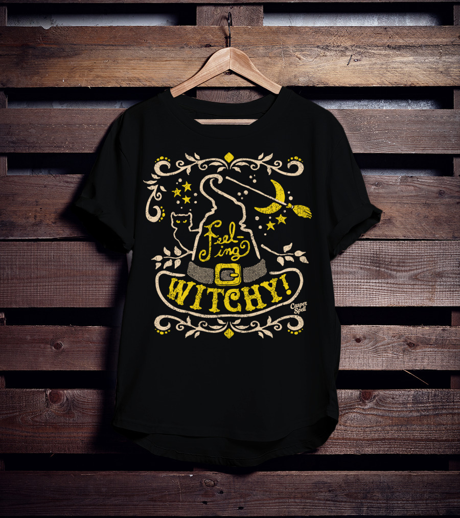 Feeling Witchy Casper Spell Moon Stars Cat Broomstick Hat T-Shirt