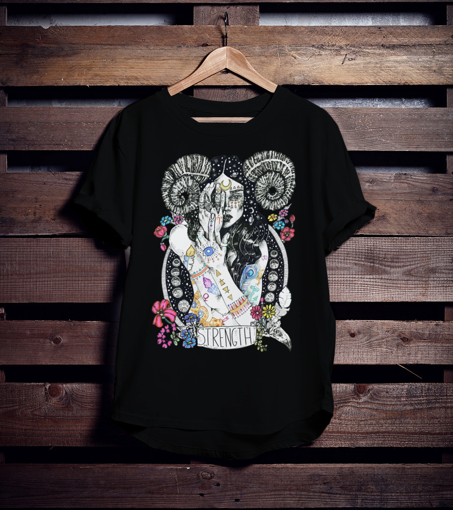 Strength Zodiac Goddess With Symbols And Flowers T-Shirt