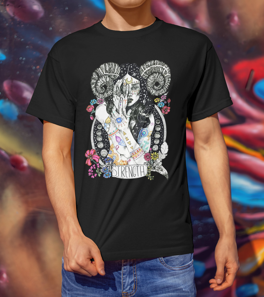 Strength Zodiac Goddess With Symbols And Flowers T-Shirt