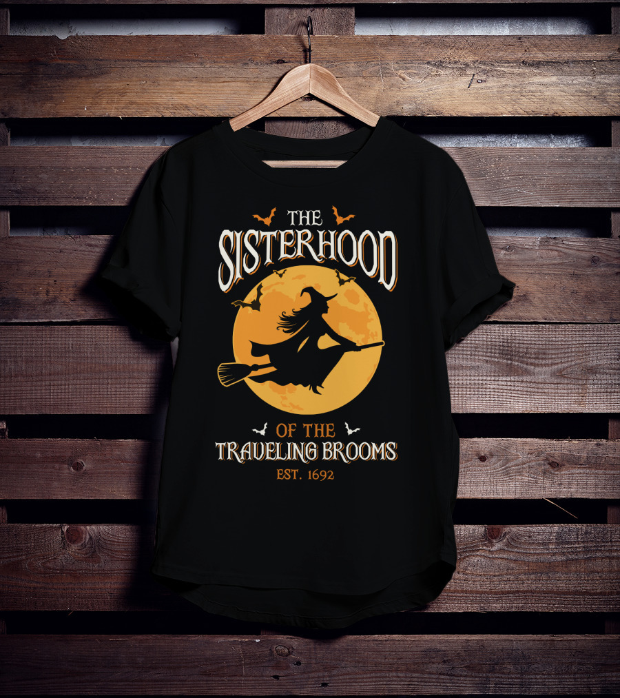 The Sisterhood Of The Traveling Brooms EST 1692 Halloween Witch And Full Moon T-Shirt