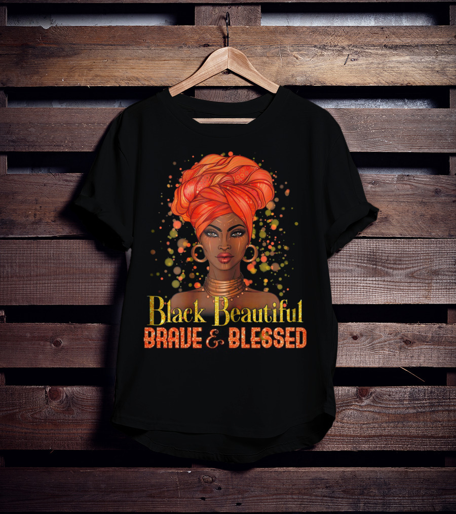 Black Beautiful Brave And Blessed African Woman With Orange Headwrap T-Shirt