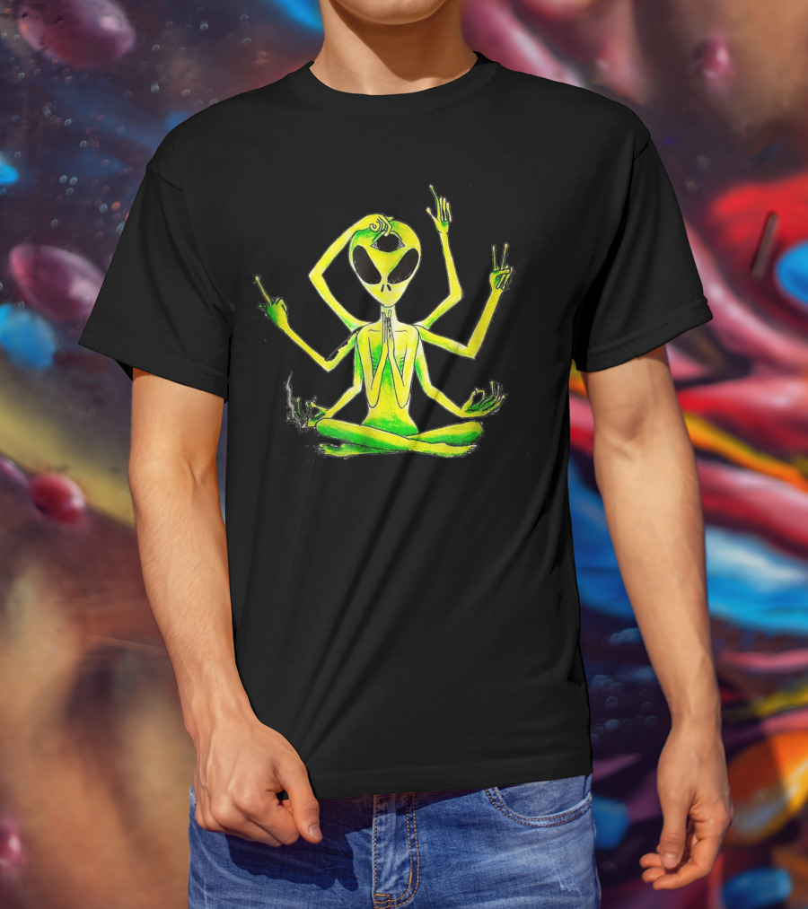 Alien Third Eye Meditation Yoga Pose With Multiple Arms T-Shirt