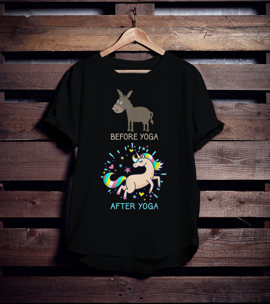 Before Yoga Donkey After Yoga Fantasy Unicorn Transformation T-Shirt