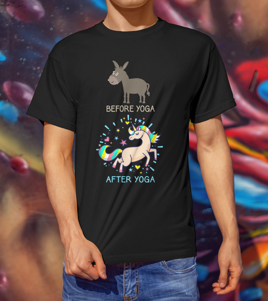 Before Yoga Donkey After Yoga Fantasy Unicorn Transformation T-Shirt