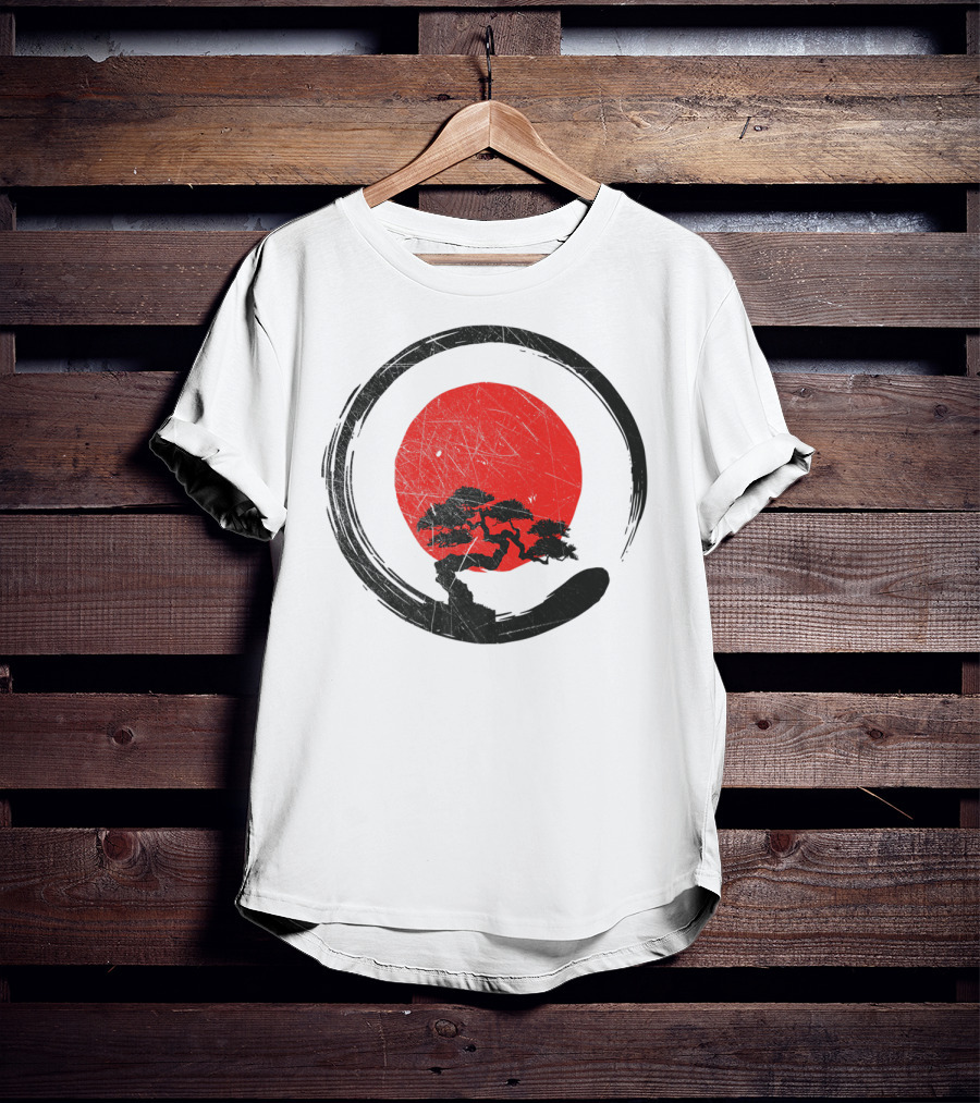Buddhism Meditation Enso Circle With Red Sun And Bonsai Tree Zen Yoga T-Shirt