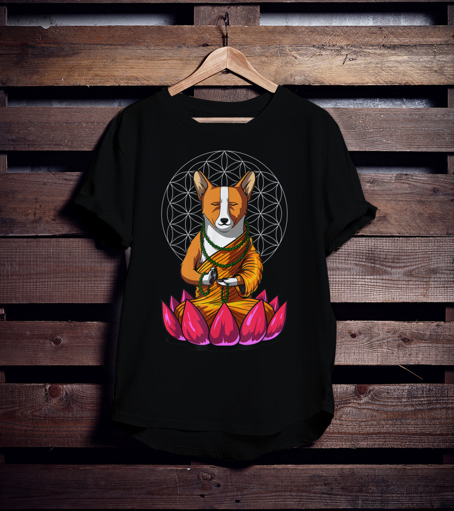 Corgi Dog Meditating In Buddha Pose With Lotus And Mandala Background T-Shirt
