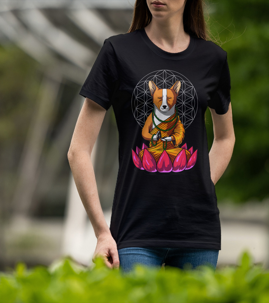 Corgi Dog Meditating In Buddha Pose With Lotus And Mandala Background T-Shirt