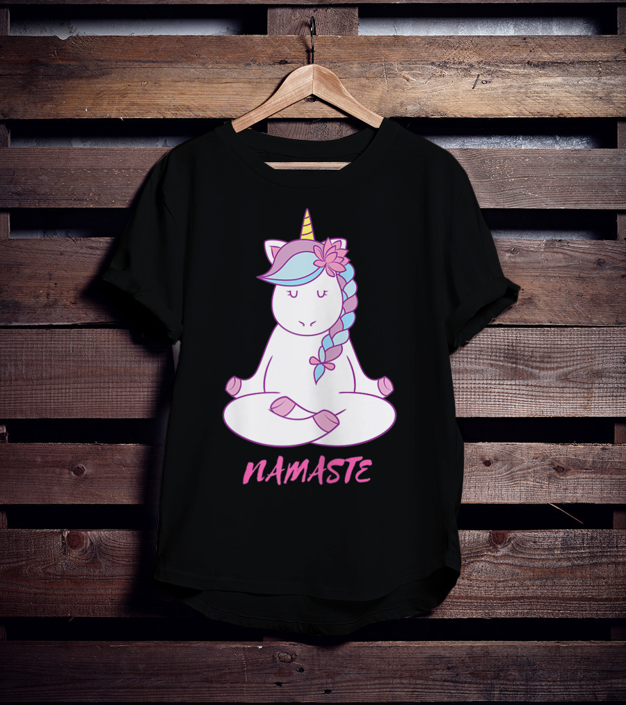 Namaste Unicorn Meditation Yoga Pose With Om Symbol And Flower Mane T-Shirt