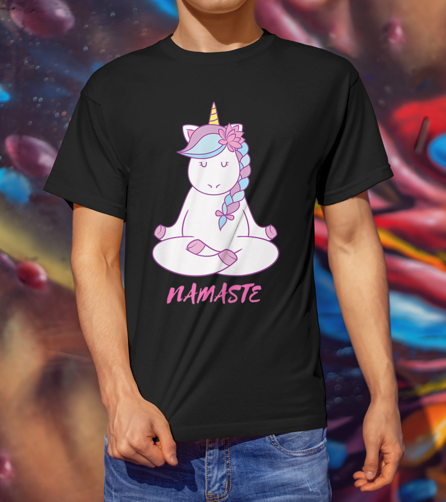 Namaste Unicorn Meditation Yoga Pose With Om Symbol And Flower Mane T-Shirt