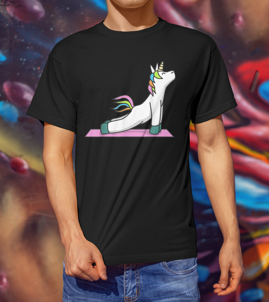 Cute Yoga Unicorn Meditation Fitness Pose With Rainbow Mane T-Shirt