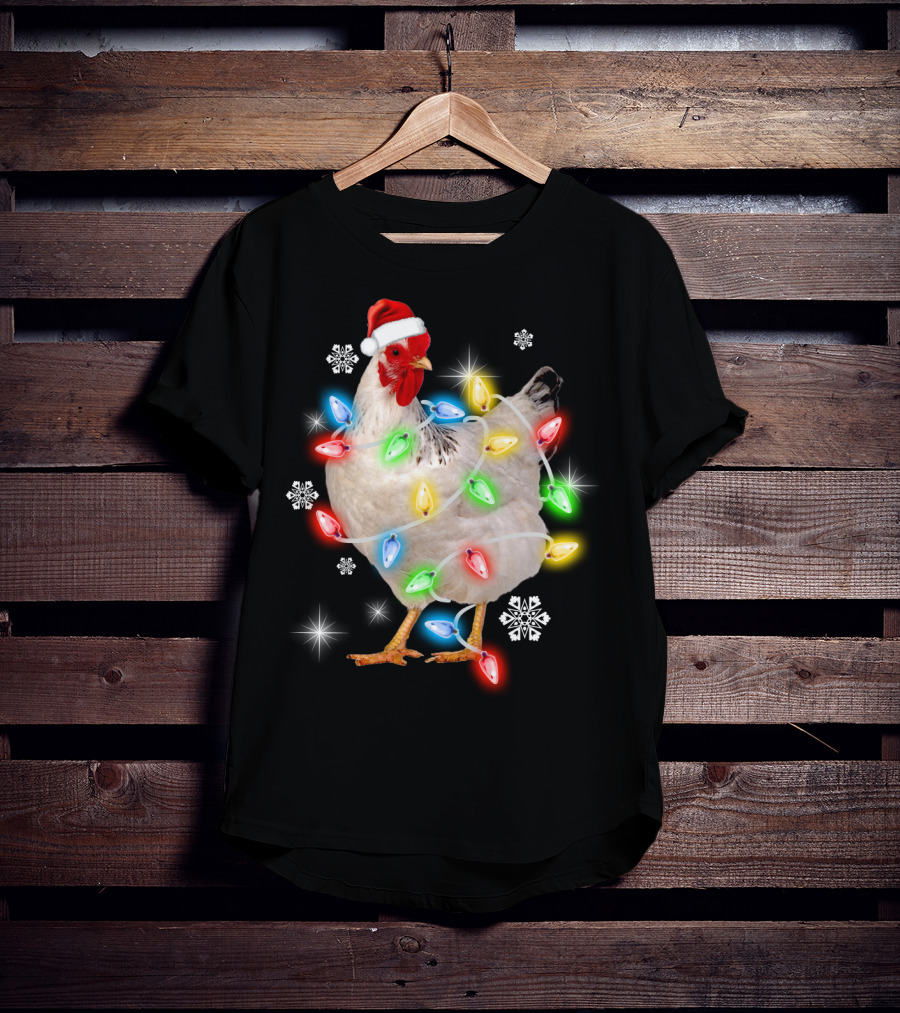 Chicken Noel Christmas Lights Santa Hat Snowflakes T-Shirt