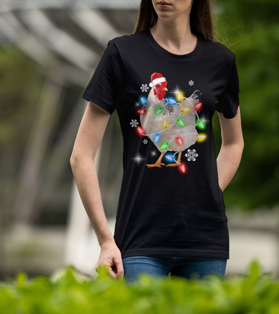 Chicken Noel Christmas Lights Santa Hat Snowflakes T-Shirt