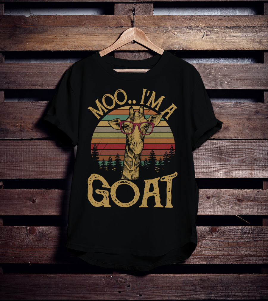 Moo I'm A Goat Retro Giraffe With Glasses And Forest Sunset T-Shirt