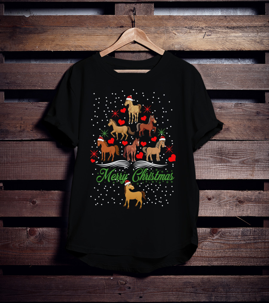 Merry Christmas Horses Santa Hats Hearts Snowflakes T-Shirt