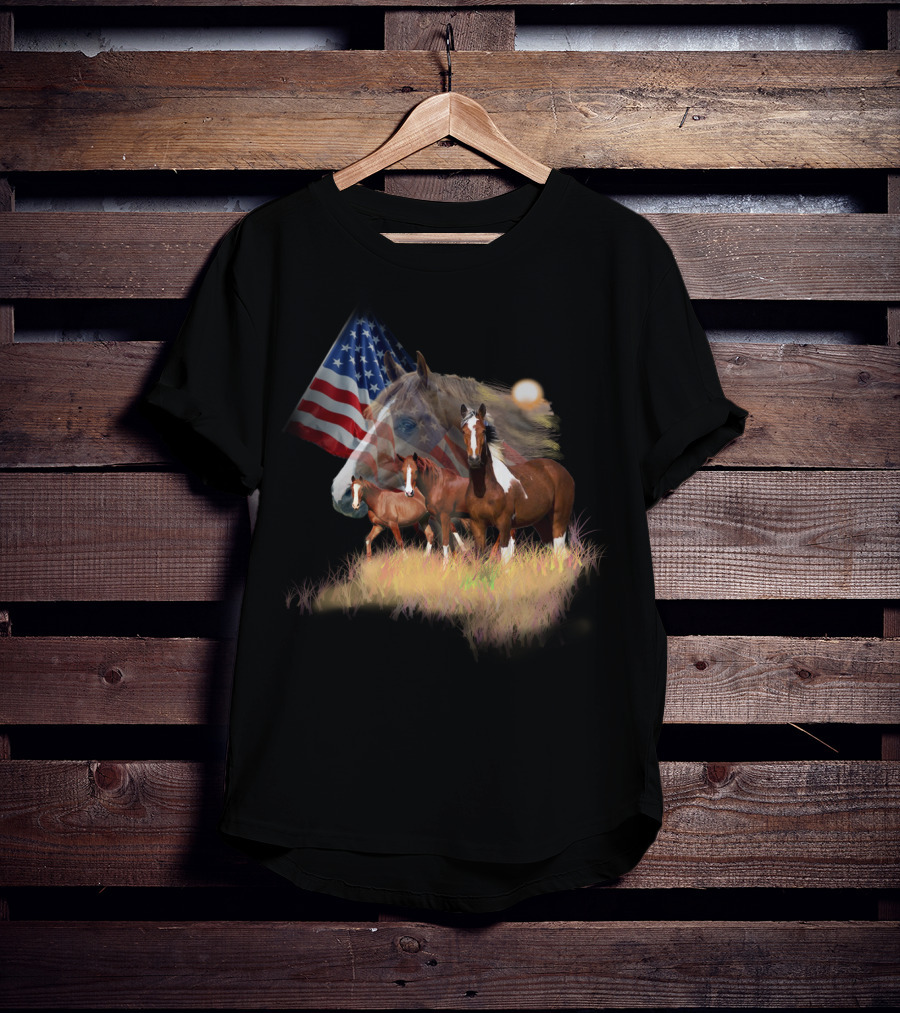 American Flag Majestic Horse Trio T-Shirt