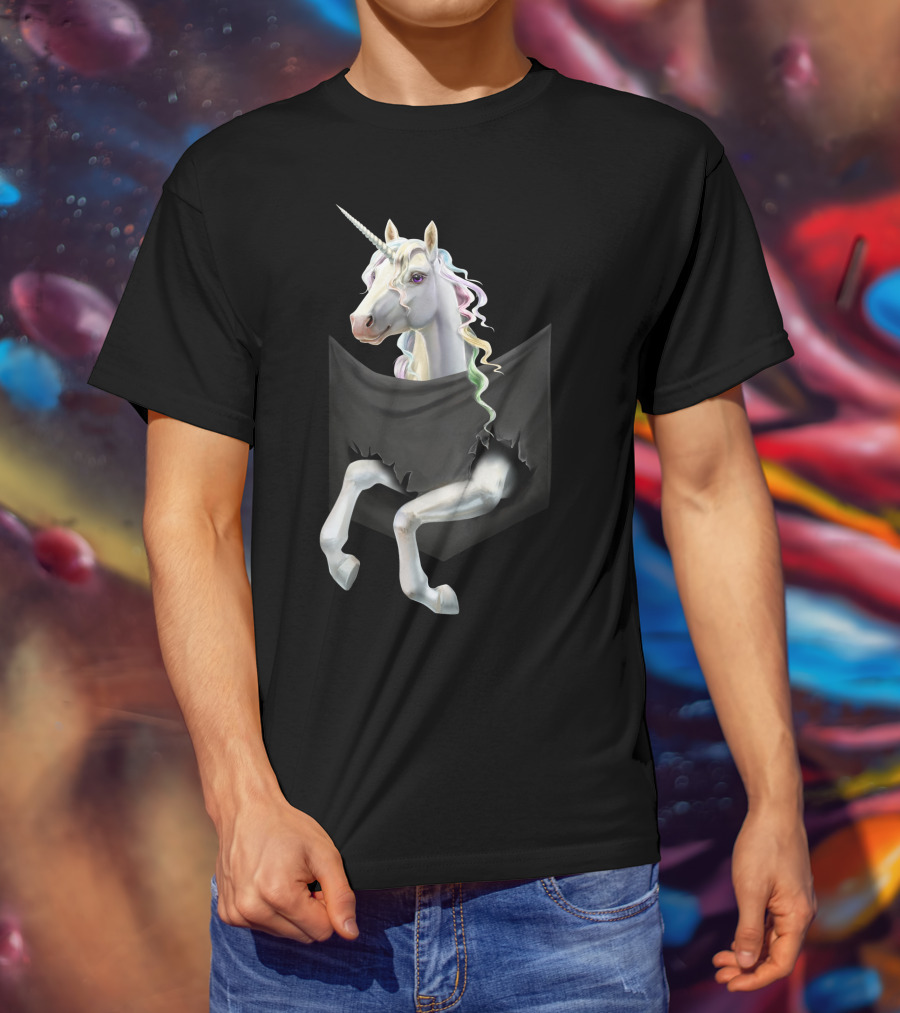 Unicorn Peeking From Torn Pocket T-Shirt
