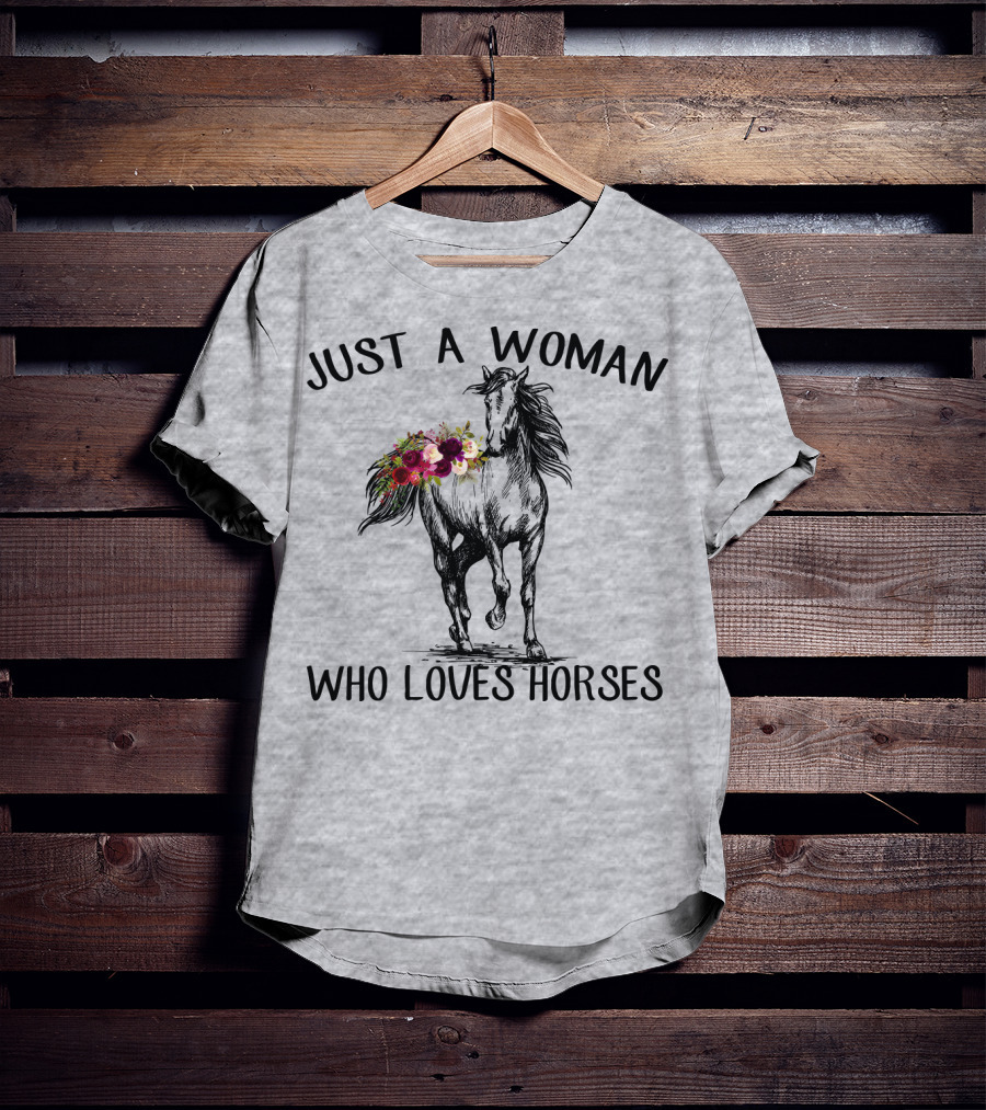 Just A Woman Who Loves Horses With Floral Horse Drawing T-Shirt