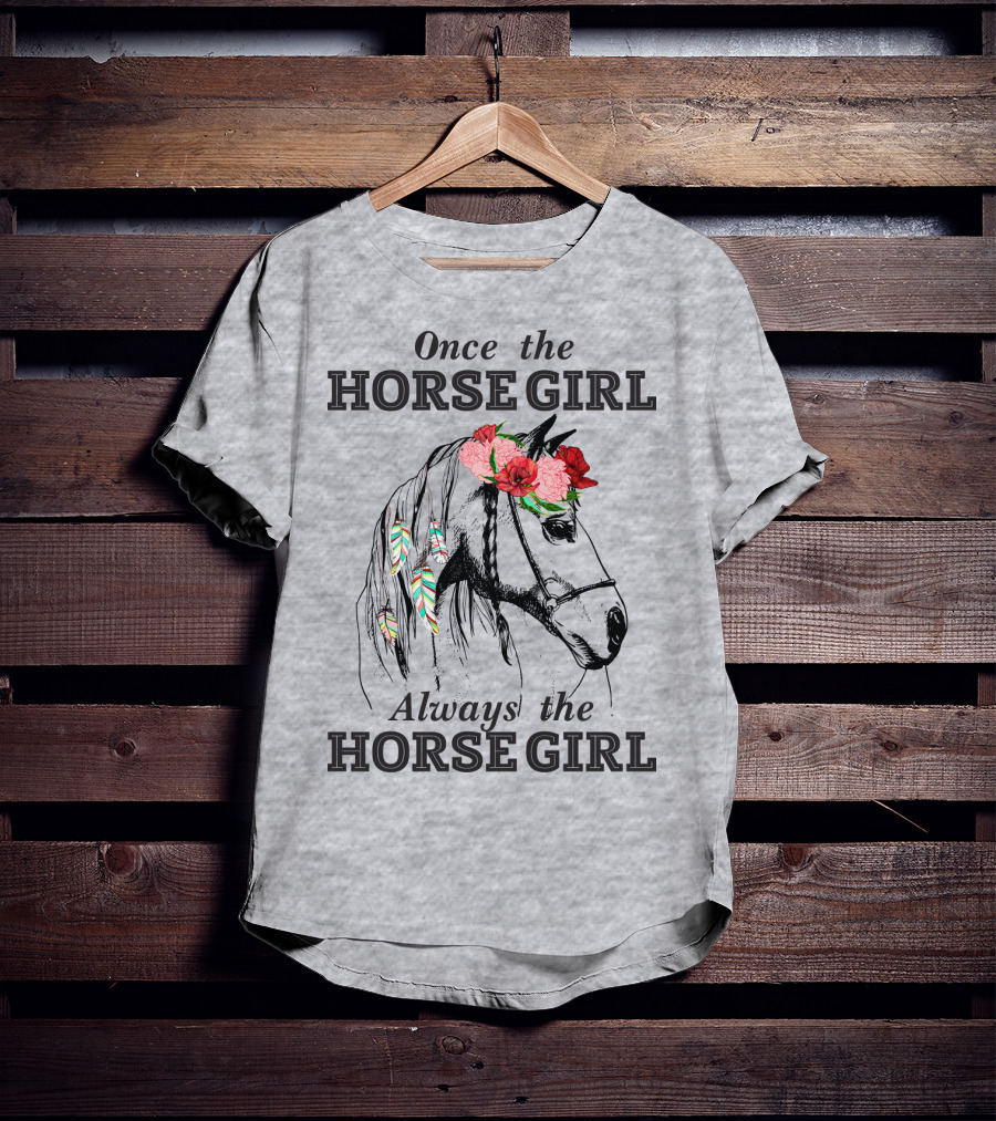 Once The HORSE GIRL Always The HORSE GIRL Floral Feather Adorned Horse T-Shirt
